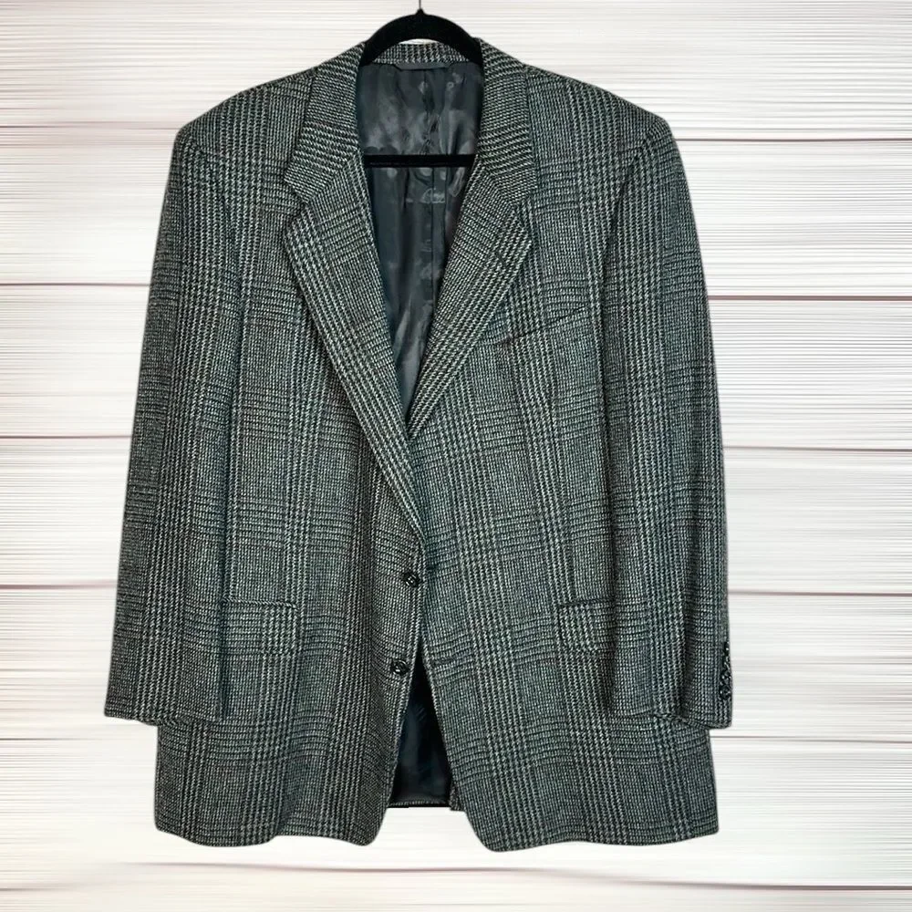Vintage Hickey Freeman Wool Sport Coat Gray Houndstooth Glen Check size 48 L